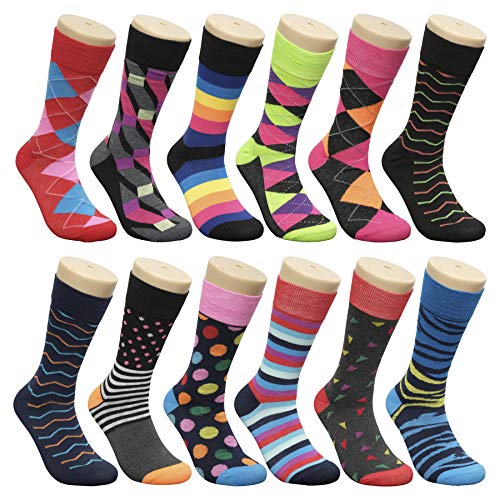 Groovy Socks Men’s Fun & Funky Colorful Fashion Patterned Dress Socks - 12 Pack (10-13 / Shoe: 6-12, Assorted 11)