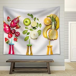 Bottles of Fruits Smoothies with Various Ingredients on White Wooden Background - Fabric Wall Tapestry Home Decor - 51x60 inches