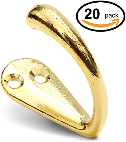 20 Pack of Gold &amp; Decorative Wall Mounted Single Vintage Hook Hangers with 40 Heavy Duty and Extra Long 17mm Metal Screws for Coats, Hats, Keys and Bags