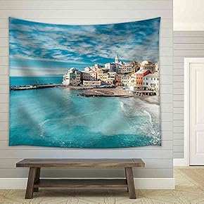 View of Bogliasco. Bogliasco is a Ancient Fishing Village in Italy - Fabric Wall Tapestry Home Decor - 51x60 inches