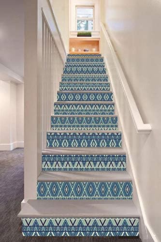 anselc05ls Geometric Decor 3D Stair Riser Stickers Removable Wall Murals Stickers,Ethnic Chevron Background with Folk Effects and Ikat Retro Display,for Home Decor 39.3"x7"x13PCS,Petrol Earth Yellow