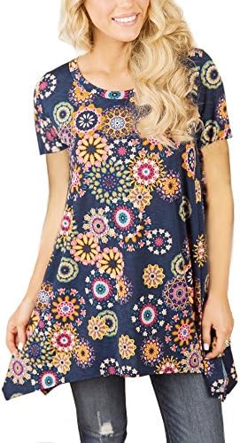 XUERRY Women Plus Size Sleeve Tunic Tops Loose Floral Print Shirt