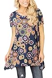 XUERRY Women Plus Size Short Sleeve Tunic Tops Loose Floral Print Shirt(Short-Navy/Pink,XXXL)