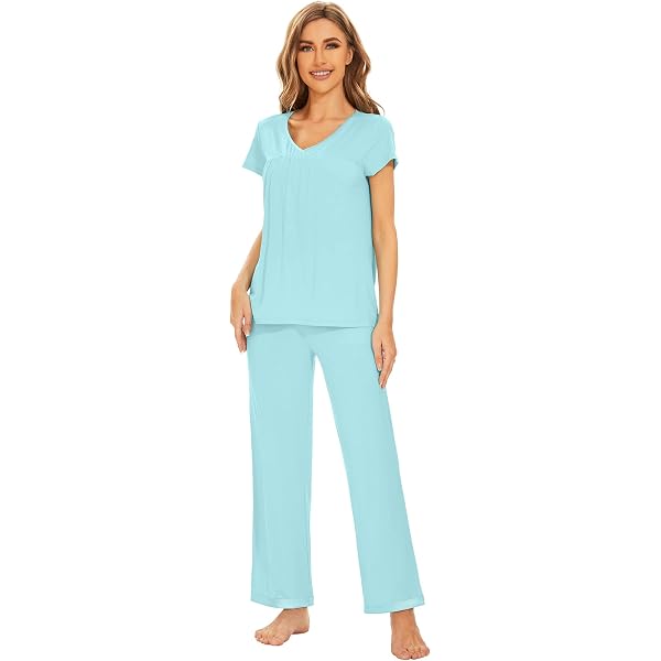 GYS Bamboo Viscose Pajama Set For Women – Short Sleeve Top & Wide Leg Pants Lounge Set - View #9