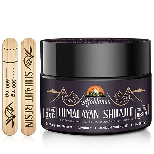 AJOBLANCO 600MG SHILAJIT PURE HIMALAYAN ORGANIC SHILAJIT RESIN – HIMALAYAN SHILAJIT RESIN WITH ORGANIC AYURVEDIC BLEND IN HIGH POTENCY FOR ENERGY, STRENGTH & IMMUNITY, 30 GRAMS