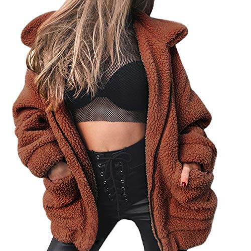 Kangma Women's Lapel Long Sleeve Faux Shearling Coat Winter Boyfriend Winter Faux Coat Brown