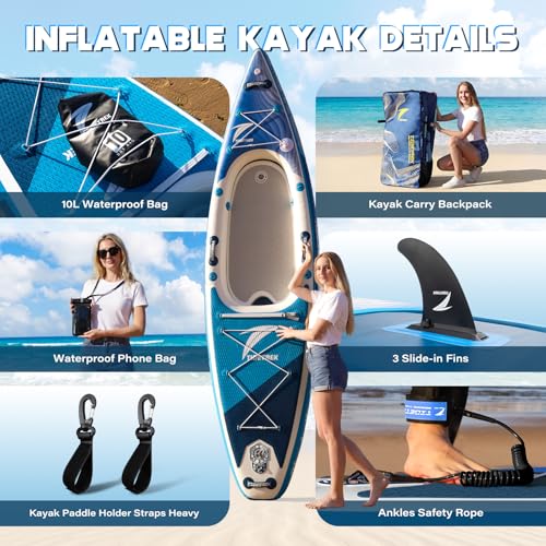 TIDETREK Inflatable Touring Kayak with Waterproof Seat & Premium Accessories, 11'3" x 35" x 8" Ultra-Stable SUP Kayak Hybrid, Non-Slip Comfort Deck for Adults & Youth