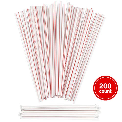 Plastic Drinking Straws, Extra Long, Red and White Striped, Individually Wrapped Straw 10 1/4 inches long, BPA Free, Restaurant Grade,200 Pack Disposable Straws - Thumbnail 5