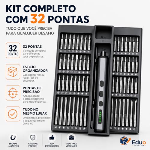 Mini Parafusadeira Elétrica Recarregável Genérico 3.6V - Kit 32 Bits + Bateria Lítio 1300mAh - Reversível Portátil LED - Ideal Móveis Montagem Uso Doméstico Profissional
