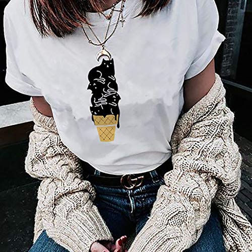 Women's Tops Miuye Summer Cute Cat Print Tops Short Sleeve T-Shirts Blouse Tunic Graphic tees Tanks (XXXL, White)