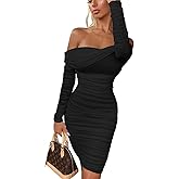 GOKATOSAU Women's Sexy Elegant Ruffle Long Sleeve Off Shoulder Ruched Party Mini Dress