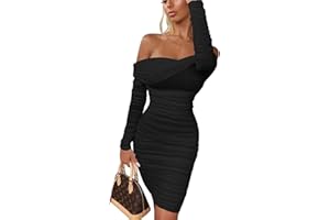 GOKATOSAU Women's Sexy Elegant Ruffle Long Sleeve Off Shoulder Ruched Party Mini Dress