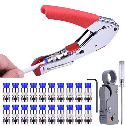 NOUVCOO Compression Tool Kit, RG59 RG6 Coax Crimping Tool Double Blades Coaxial Cable Stripper with 20pcs Blue F Connectors for Cable TV Video Audio NC41
