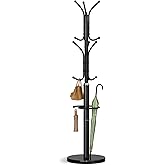 Yoobure Metal Coat Rack Freestanding with Marble Base, Coat Tree with 12 Hooks & Umbrella Holder, Coat Hanger Stand for Corne