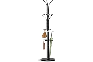 Yoobure Metal Coat Rack Freestanding with Marble Base, Coat Tree with 12 Hooks & Umbrella Holder, Coat Hanger Stand for Corner Entryway Bedroom Office, Heavy Duty Coat Rack Stand for Clothes Hats Bags