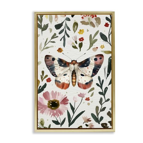 Stupell Industries Moth & Organic Flowers Gold Framed Floater Canvas Wall Art,…