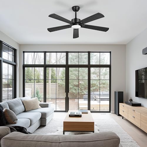 Ohniyou Ventilador de Techo de 52 Pulgadas, Luz Regulable y Control Remoto, 6 Velocidades, Motor DC Reversible Silencioso, Ventilador de Techo de 5 Palas para Dormitorio, Patio, Oficina (Negro)