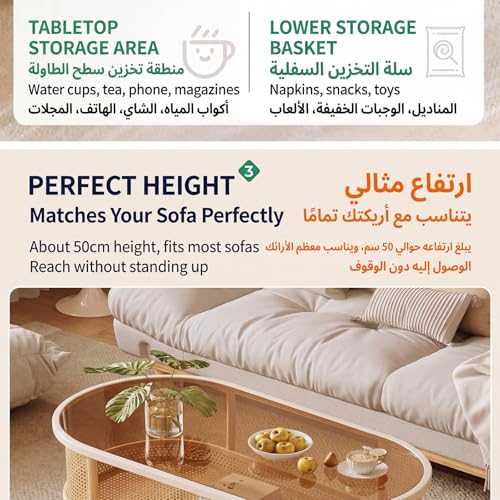 ALISMAEEL Coffee Table Movable Round Side Table 2-Tier End Table with Braked Universal Wheels, Open Double-Layer Storage Scratch-resistant High-temperature, Easy-to-clean Glass (60 * 40 * 50 cm)