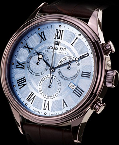 LOUIS-XVI-Herren-Armbanduhr-Danton-Braun-Blau-Rmische-Zahlen-Chronograph-Analog-Quarz-echtes-Leder-Braun-564