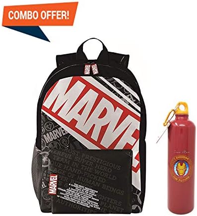 HMI International Combo Set of Marvel Original Licensed Polyester School Bag"20 Ltrs" and Stainless Steel Sipper Water Bottle, 750 ml