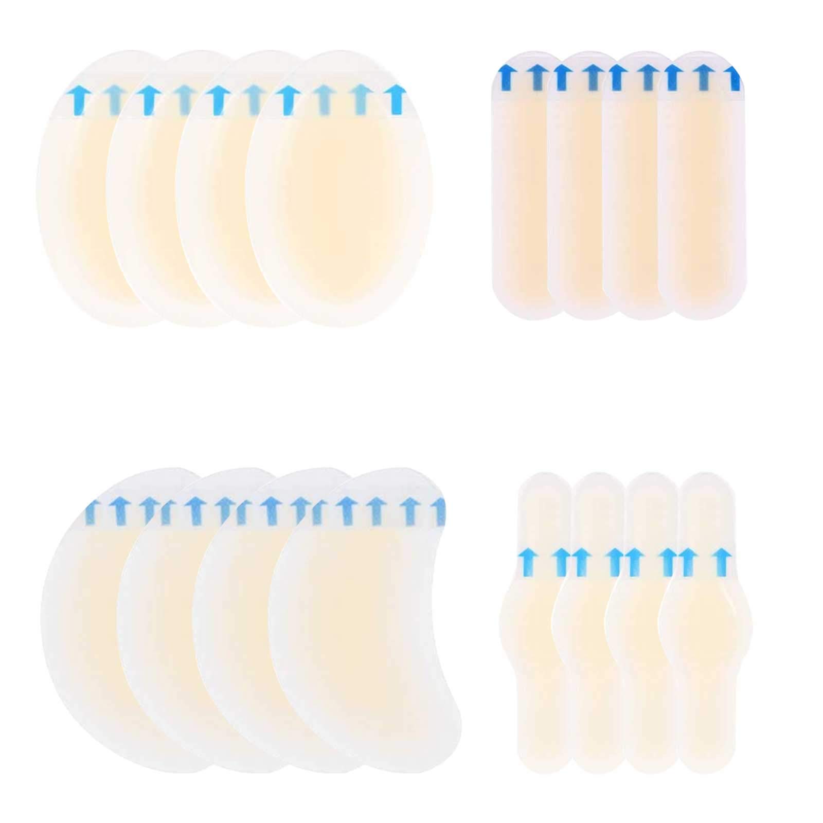 16 PCS Invisible Blister Plasters for feet, Blister Gel Pads Hydrocolloid Bandages Protector Gel Dressing Waterproof Blister Guard Prevention Patches Hydro Seal Band Aid for Heel Toes 4 Mixed Sizes