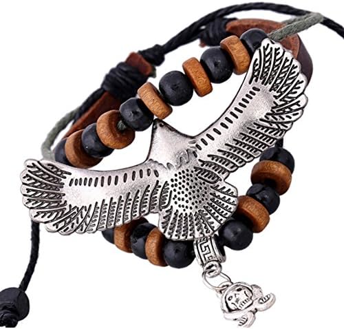 SumBonum Jewelry Womens Alloy Genuine Leather Surfer Wrap Bracelet, Vintage Beads Gothic Flying Eagle Cuff Charm Bracelet, Adjustable Fits 7 Inch-12 Inch, Black Brown Silver