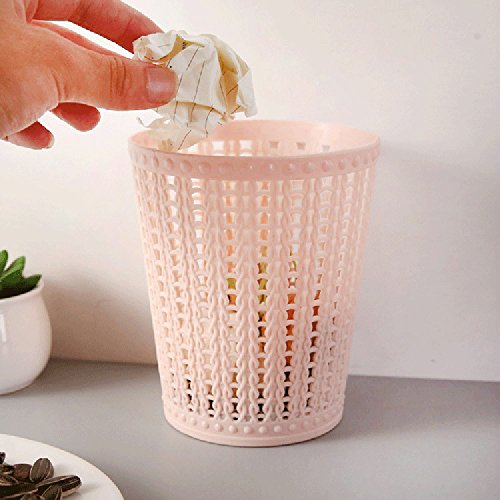 Desktop Trash Can Mini Trash Bin Plastic Rattan Hollow Countertop Trash Can Garbage Storage Bucket Wastebasket for Home or Office (Pink)