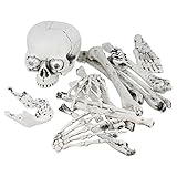 Halloween Haunters 18 Piece Bag of Skeleton Bones with Screaming Laughing Skull Prop Decoration - Flashing Bloodshot Eyes, Graveyard Human Body Part Set