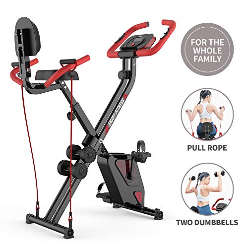 pooboo Folding Exercise Bike Indoor Cycling Bike Magnetic Upright Bike Stationary Bike with Dumbbells,Pull Rope,Pulse