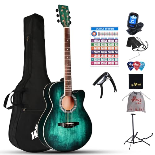 Winzz Akustikgitarre Blau-grün, Westerngitarre 40 Zoll, Gitarre Anfänger Set mit Gitarrenständer, Gitarren Plektrum, Gitarrengurt, Gitarrenstimmgerät,