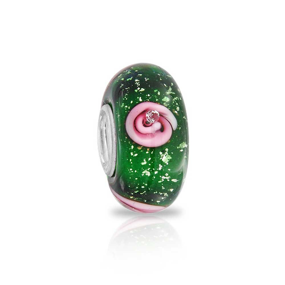 Bling Jewelry Floral Pink Green Rose Flower Murano Glass Charm Bead Fits European Bracelet Women Teen
