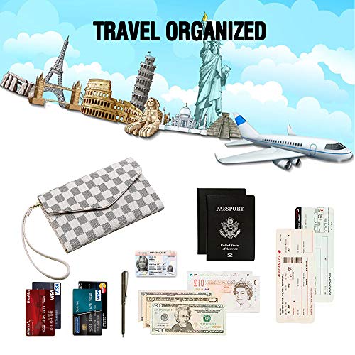 Krosslon Rfid Passport Holder Wristlet Travel Wallet Trifold Documents Organizer Slim Purse, Fit US UK CA Passport Cover Best Traveling Accessories for Women, White Checker(14#) - Thumbnail 4