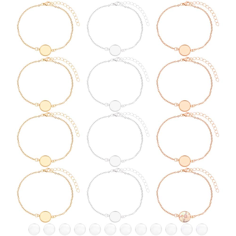 NBEADS 12 Pcs 3 Colors Bracelet Bezel Tray, Round Cabochon Bezel Tray Blank Bangles Bracelets Blanks Bracelet Bezel Settings for Crafting DIY Jewelry Making, Tray: 12mm