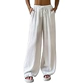 QJQ Women's Drawstring Waist Wide Leg Elegant Linen Palazzo Pants Elastic High Waisted Loose Trousers 2026