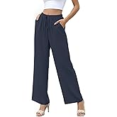 YSYOKOW Women's Summer Wide Leg Pants High Waisted Palazzo Flowy Lounge Casual Elastic Drawstring Lightweight Pockets Elegant Office Wear(Navy Blue, Medium)