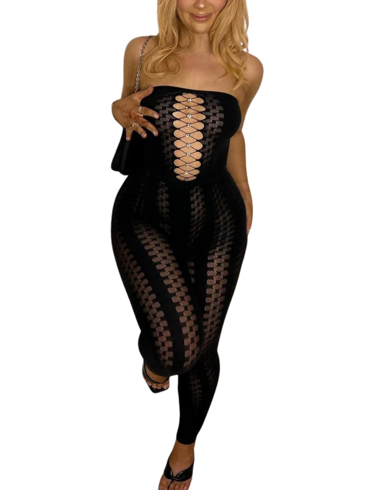 Photo 1 of Dewinya Women's Sexy 2 Piece Outfits Clubwear, Rhinestone Cutout Bandeau Top and High Waist Leggings Set Rave Party Jumpsuits, Black