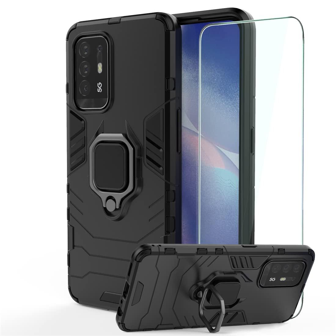 DESCHE Case for OPPO A94 5G, Cover with Tempered Glass, Shockproof Armour Phone Case with 360° Rotating Stand is compatible with OPPO A94 5G - Black