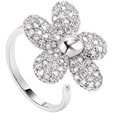 Izpack Cubic Zirconia Flower Statement Ring Crystal Floral Blossom Open Adjustable Rings Wedding Engagement Promise Eternity Finger Bands Comfort Fit Dainty Jewelry for Women Bride Wife
