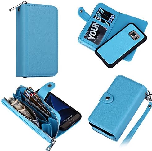 Eloiro Samsung Galaxy S7 Zipper Wallet Case, PU Leather Button Lock Closure Shell Detachable Folio Flip Back Cover Protective Soft Skin with Cash and Card Slots &amp; Removable Strap for Galaxy S7 - Blue