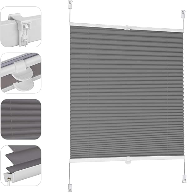Sekey Plissee ohne Bohren Verdunkelung, Fenster Plissee Klemmfix Jalousie 105 cm breit, Verspannt Blickdicht Sonnenschutz Fensterollo, 105x120cm, Dunkelgrau