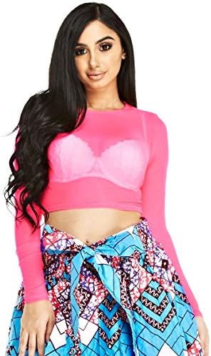 Mesmer Long Sleeve Power Mesh Crop Top - Made in the USA, Fuchsia L