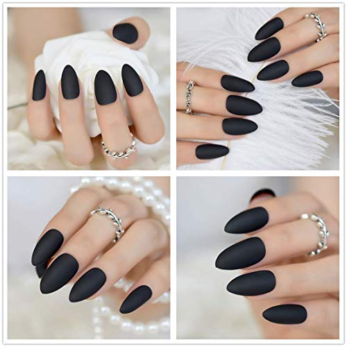 24pcs Matte Pure Color Stiletto Nails False Gel Nails Art Tips Sets Full Cover Medium Almond Shape Acrylic Fake Nail Tips Gel (Matte Black)