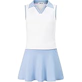 Kids Girls Tennis Golf Dress Outfit Sleeveless Dress with Pockets Athletic Skorts and Polo Tank Top Sets