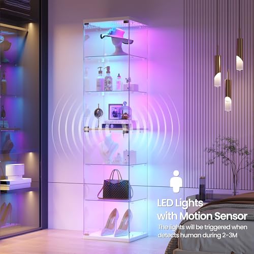Dystler Glass Display Case RGB Lights 6-Tier Curio Cabinet for Collectibles | Press-open 360° Tempered Glass Doors, 12 RGB Modes & Motion Sensor Auto-Light, Key Lock — Smart Figures Corner Display Case