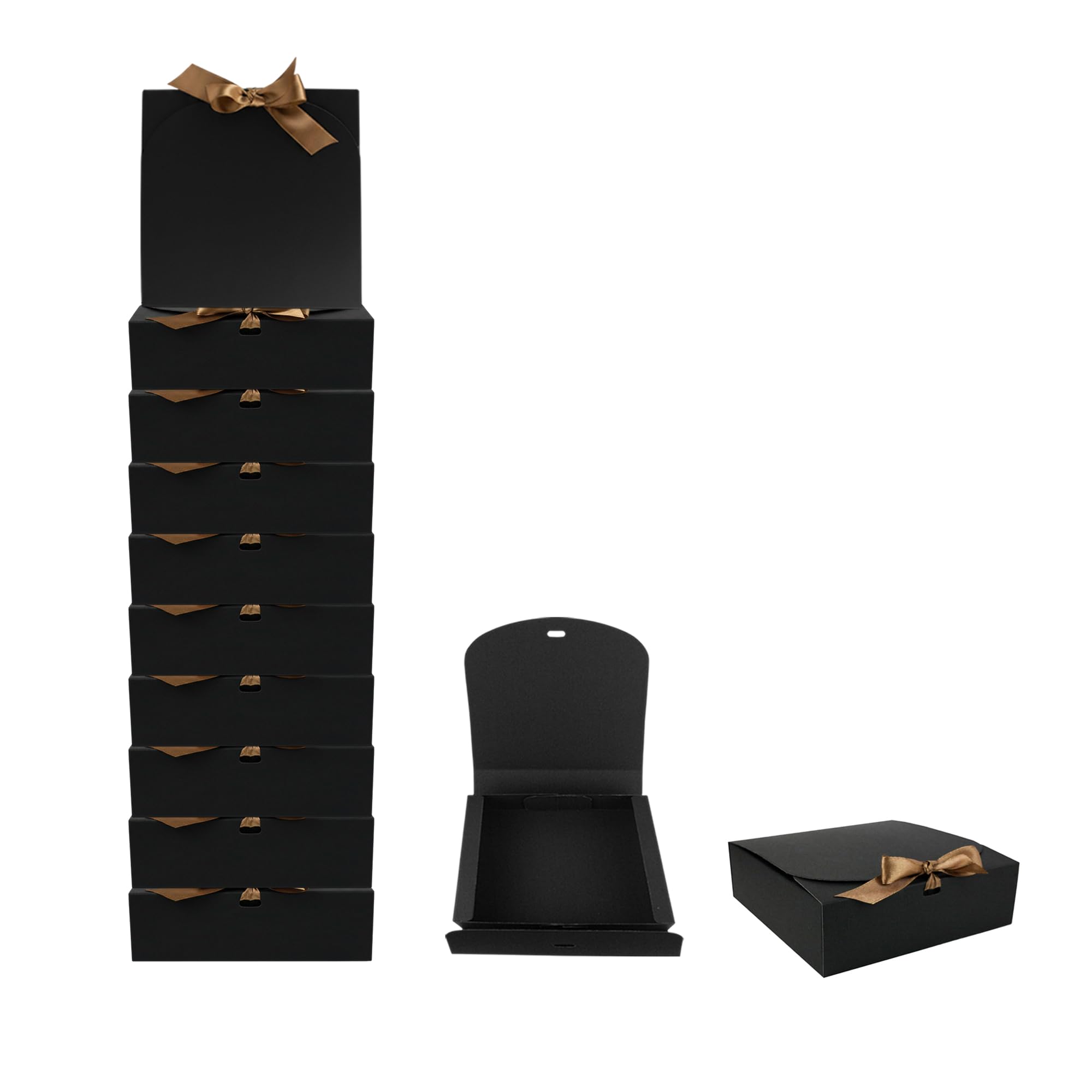 Emartbuy Black Gift Box with Brown Ribbon Pack of 12 – Size 1 (16.5 x 16.5 x 5 cm) – Ideal for Gift Packaging, Hampers, Events, Small Business