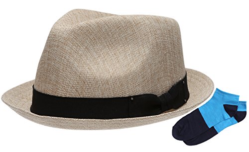 Men's Summer Lightweight Linen Fedora Hat with Casual Low Cut Sock(F0960-NATURAL,LXL)