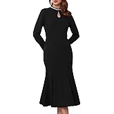 WOMLAYOUT Women's Evening Fishtail Dress Long Sleeve Sequin Trim Bodycon Formal Cocktail Midi Dresses