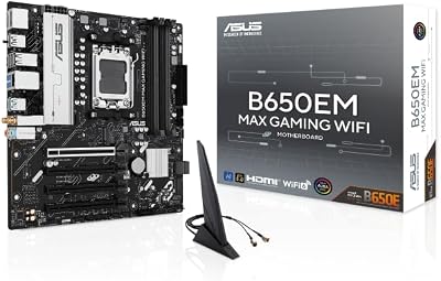 B650EM Max Gaming WiFi Carte mère AMD B650 mATX, DDR5, PCIe 5.0, 3X Slots M.2, WiFi6, 1Gb Ethernet, DisplayPort, HDMI, USB 10Gbps Type-A arrière & Type-C Ports, BIOS Flashback, Aura Sync