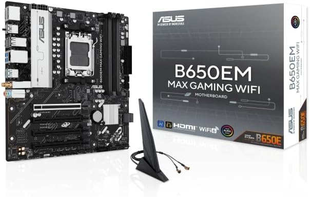 B650EM Max Gaming WiFi Carte mère AMD B650 mATX, DDR5, PCIe 5.0, 3X Slots M.2, WiFi6, 1Gb Ethernet, DisplayPort, HDMI, USB 10Gbps Type-A arrière & Type-C Ports, BIOS Flashback, Aura Sync