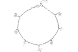 Vanbelle Sterling Silver Jewelry - Rhodium Plated 925 Stamp - Dangling Multi-Charm Anklet - Foot Jewelry Stylish Beautifully Designed - 9" Long + 1" Extender